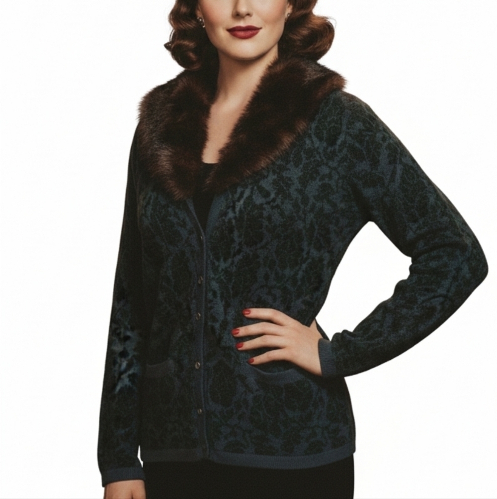 Vintage Jones New York Faux Fur Collar Green Knit Cardigan Jacket S